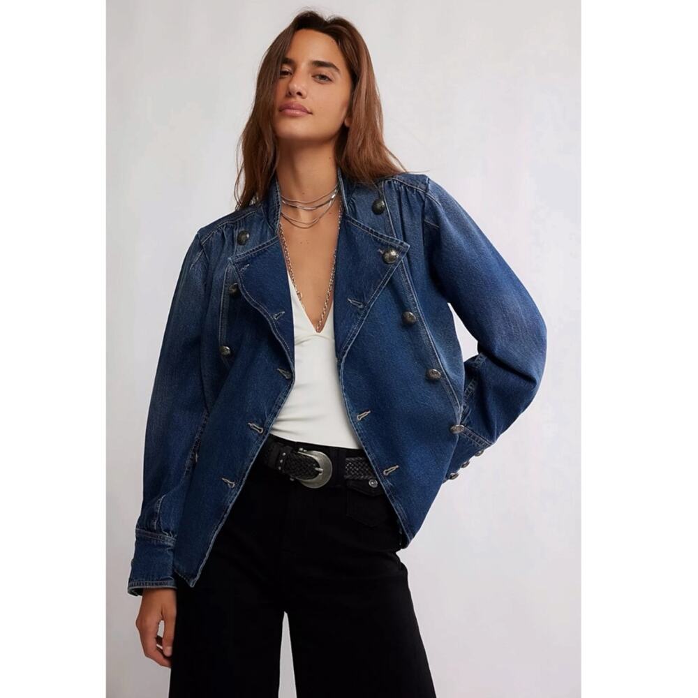Free People Imogene Denim Officer Jacket in Ensign Wash Size XL Military Denim - Picture 14 of 16